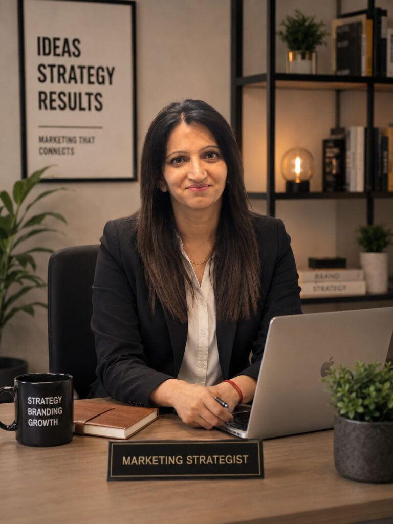 Professional Female digital Marketing Strategist at Link Launch Studio desk with a laptop.